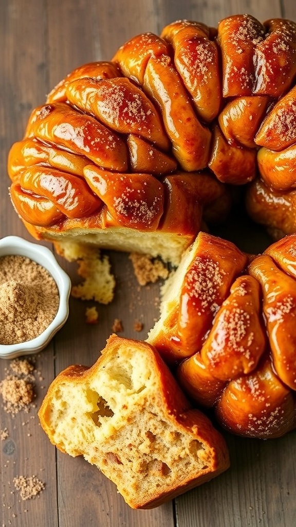 Easy Monkey Bread Recipe Using Biscuits Golden-brown monkey bread on a wooden table, showcasing its pull-apart texture and cinnamon sugar glaze.
